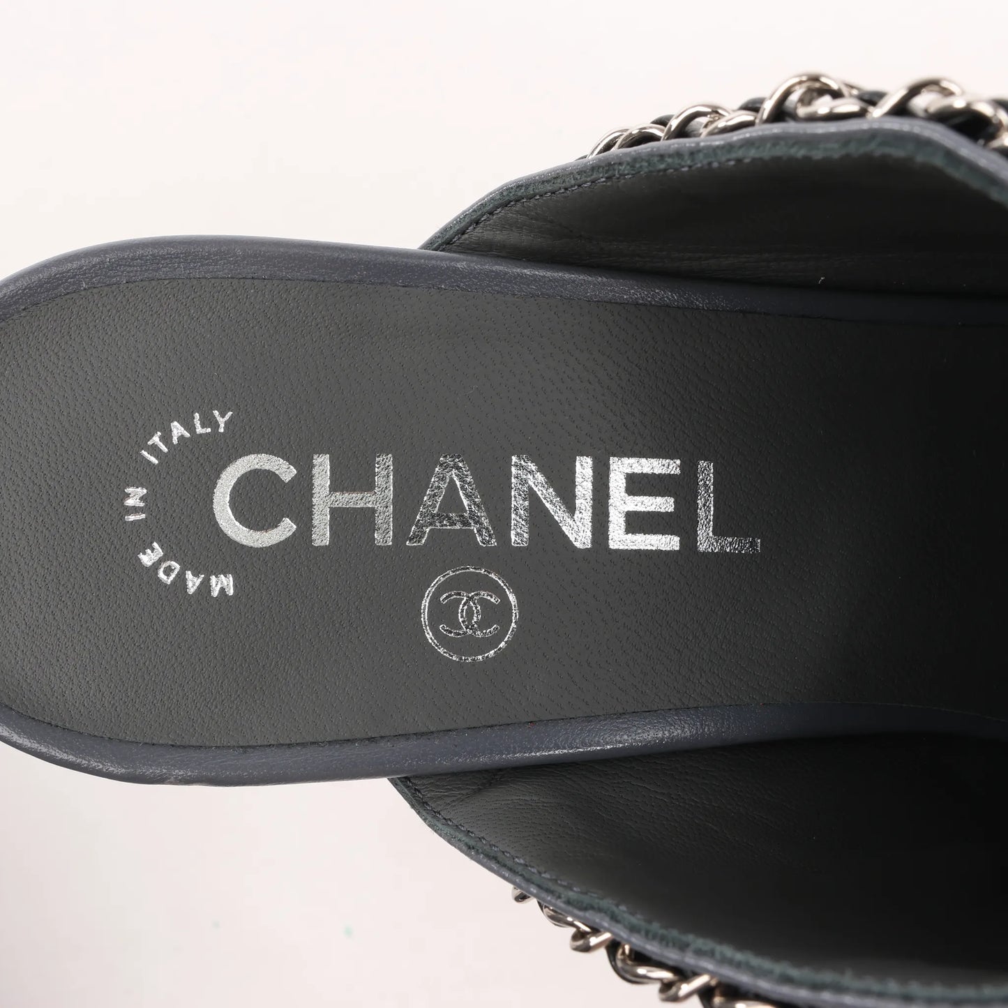CHANEL Coco Mark Chain Leather Mule Sandals in Gray G35387, Size 40.5 EU