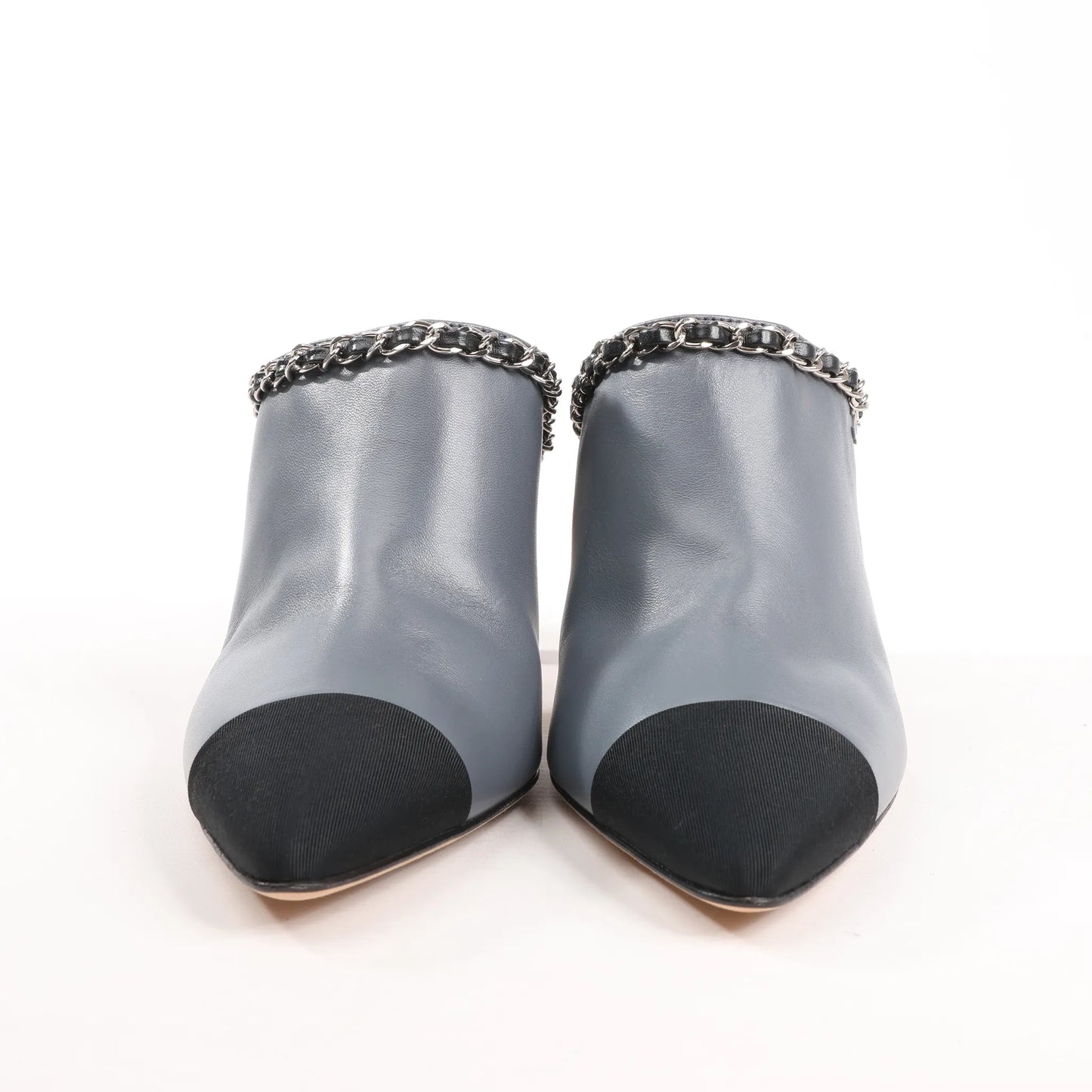 CHANEL Coco Mark Chain Leather Mule Sandals in Gray G35387, Size 40.5 EU