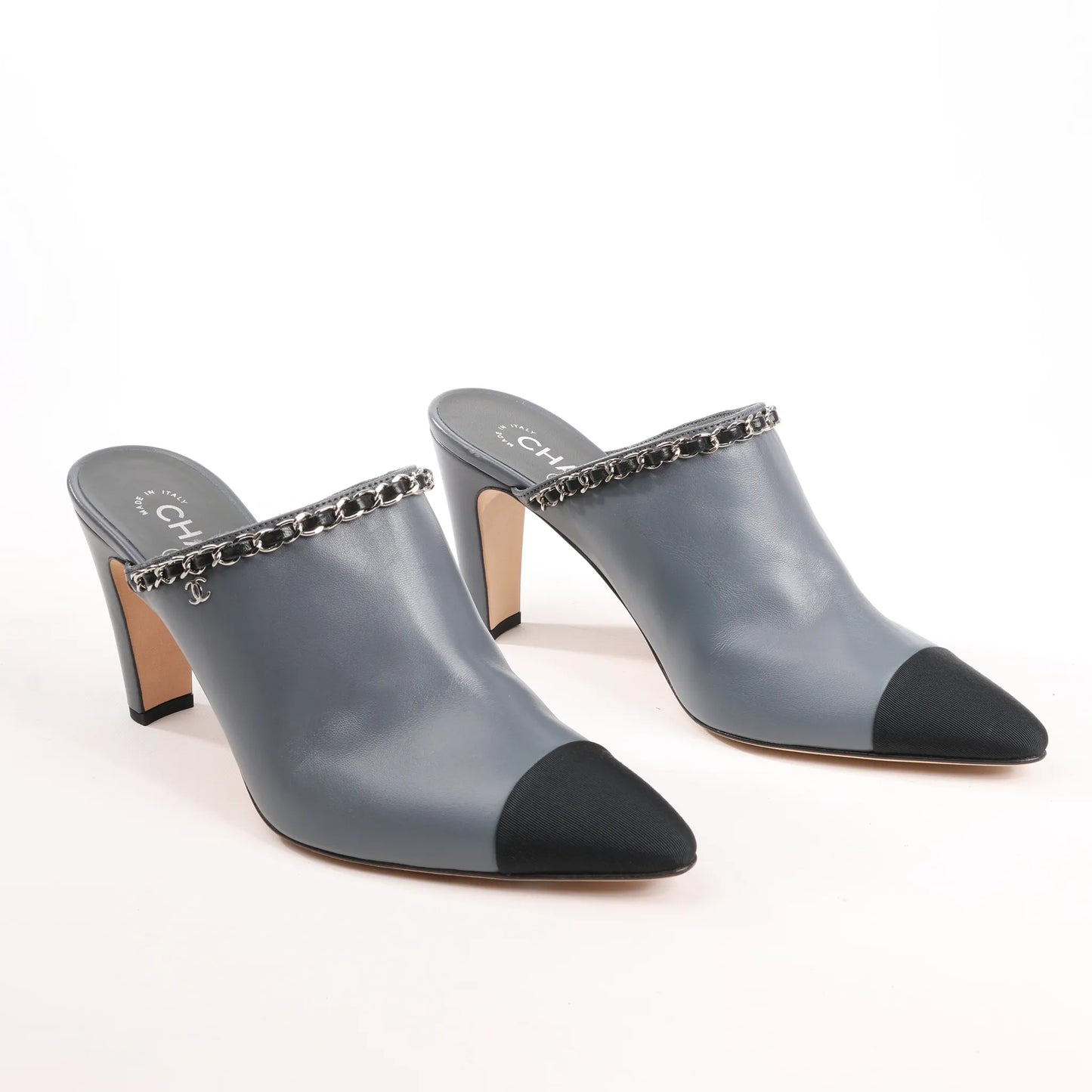 CHANEL Coco Mark Chain Leather Mule Sandals in Gray G35387, Size 40.5 EU