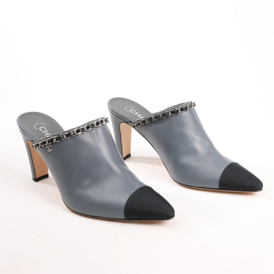 CHANEL Coco Mark Chain Leather Mule Sandals in Gray G35387, Size 40.5 EU