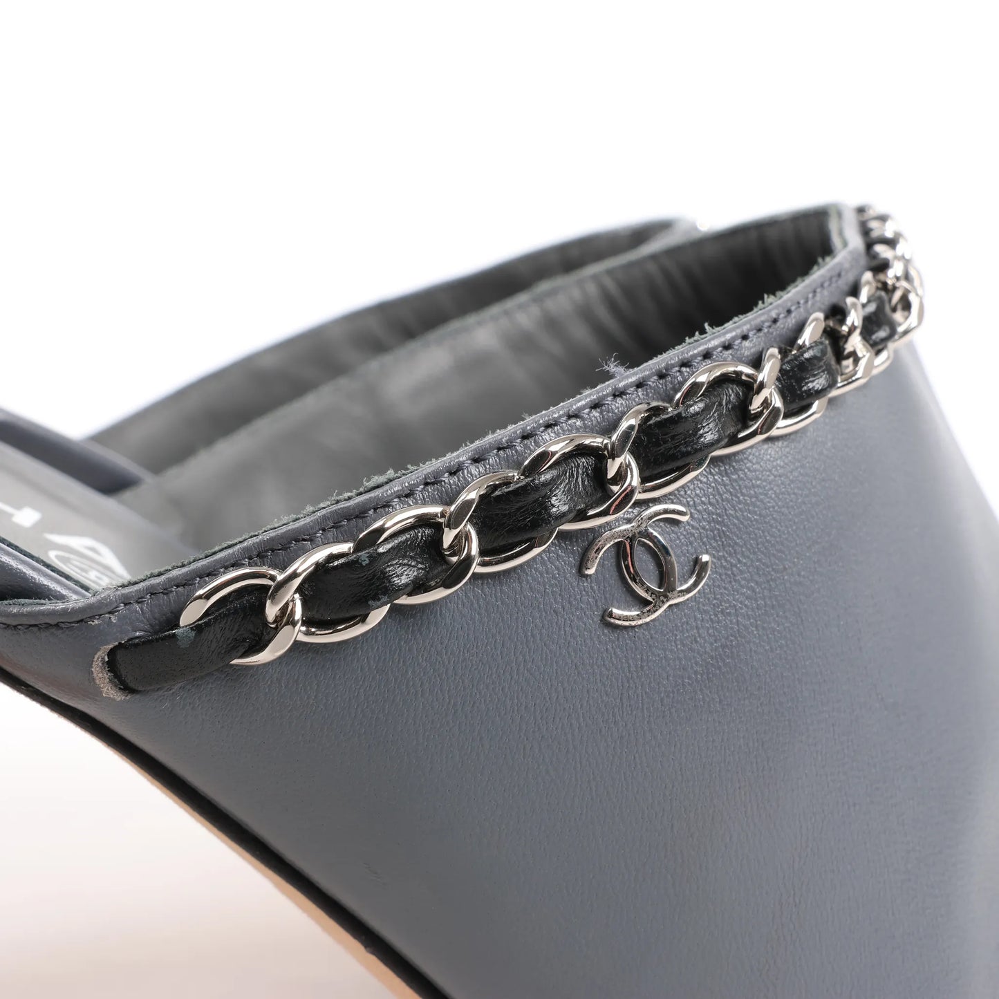 CHANEL Coco Mark Chain Leather Mule Sandals in Gray G35387, Size 40.5 EU