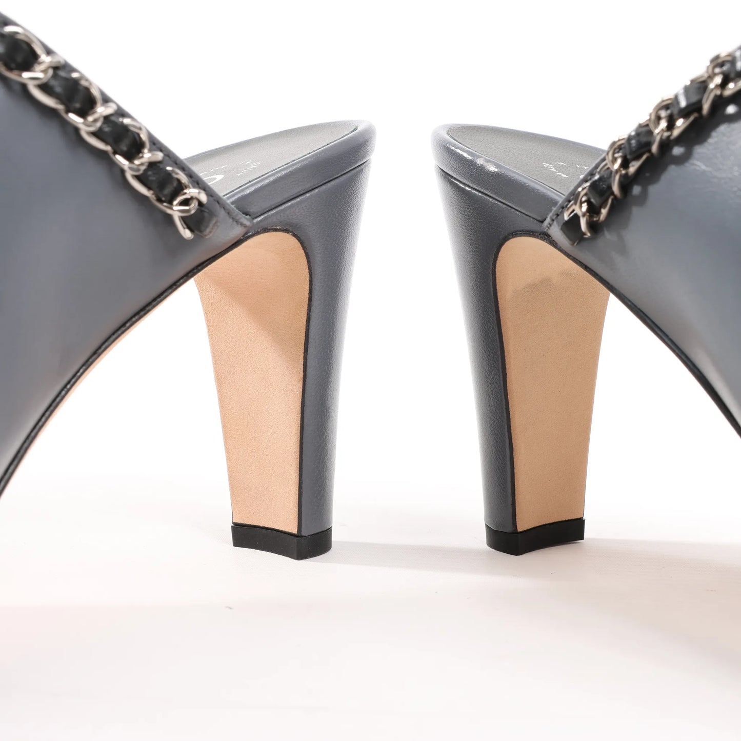 CHANEL Coco Mark Chain Leather Mule Sandals in Gray G35387, Size 40.5 EU