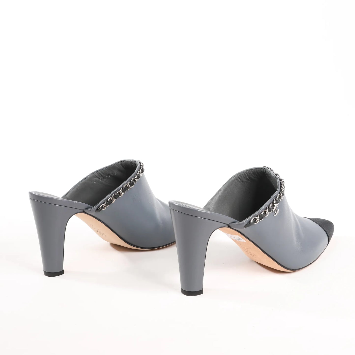 CHANEL Coco Mark Chain Leather Mule Sandals in Gray G35387, Size 40.5 EU