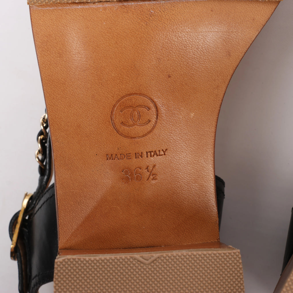 Chanel Coco Mark Leather Sandals Chain Strap in Brown x Black, Size EU 36.5