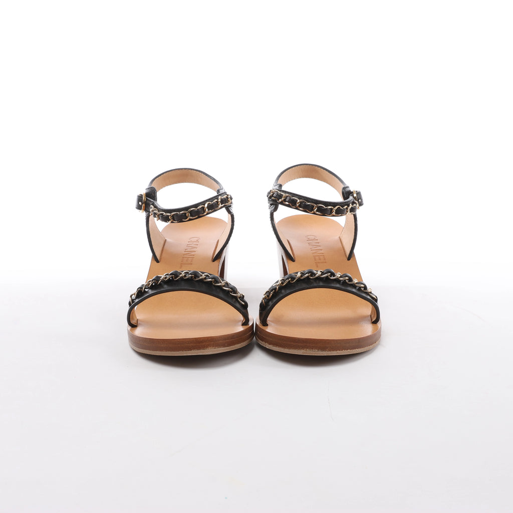 Chanel Coco Mark Leather Sandals Chain Strap in Brown x Black, Size EU 36.5