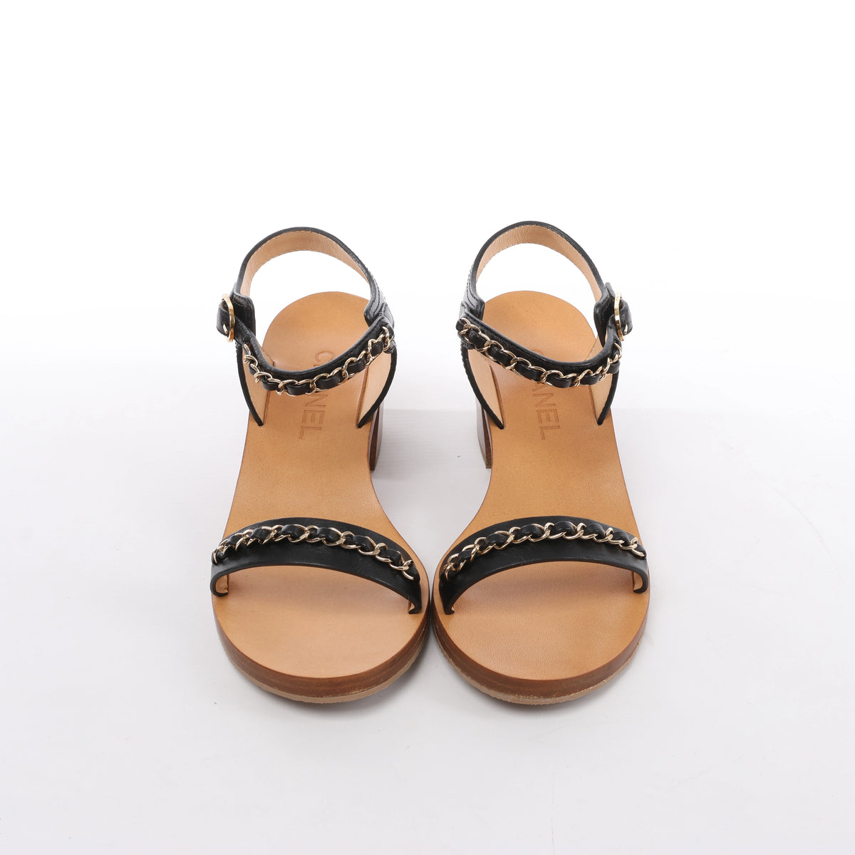 Chanel Coco Mark Leather Sandals Chain Strap in Brown x Black, Size EU 36.5