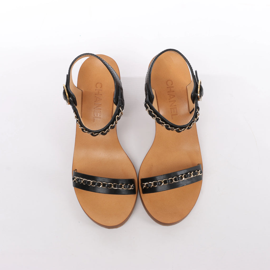 Chanel Coco Mark Leather Sandals Chain Strap in Brown x Black, Size EU 36.5