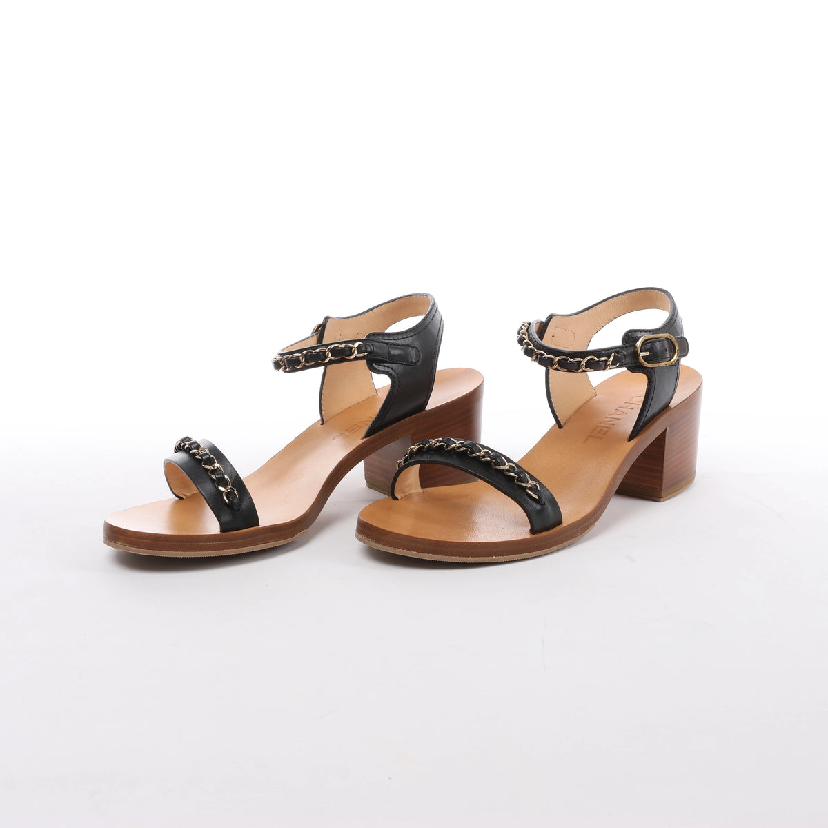 Chanel Coco Mark Leather Sandals Chain Strap in Brown x Black, Size EU 36.5