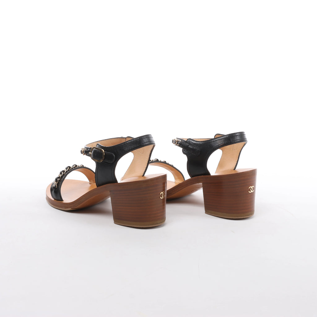Chanel Coco Mark Leather Sandals Chain Strap in Brown x Black, Size EU 36.5