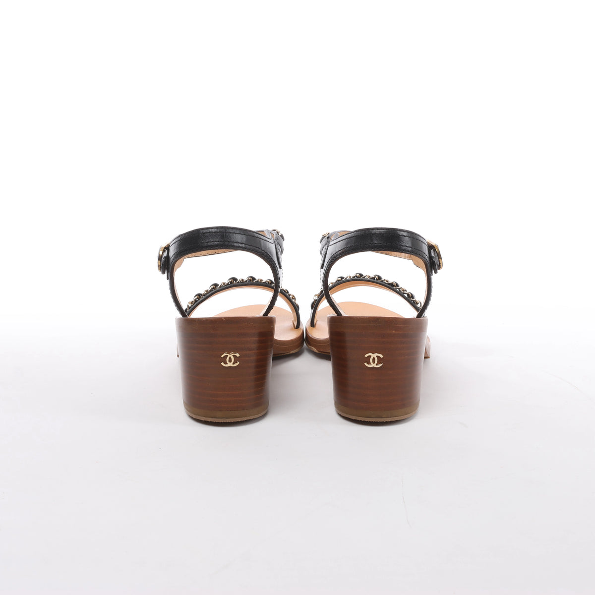 Chanel Coco Mark Leather Sandals Chain Strap in Brown x Black, Size EU 36.5