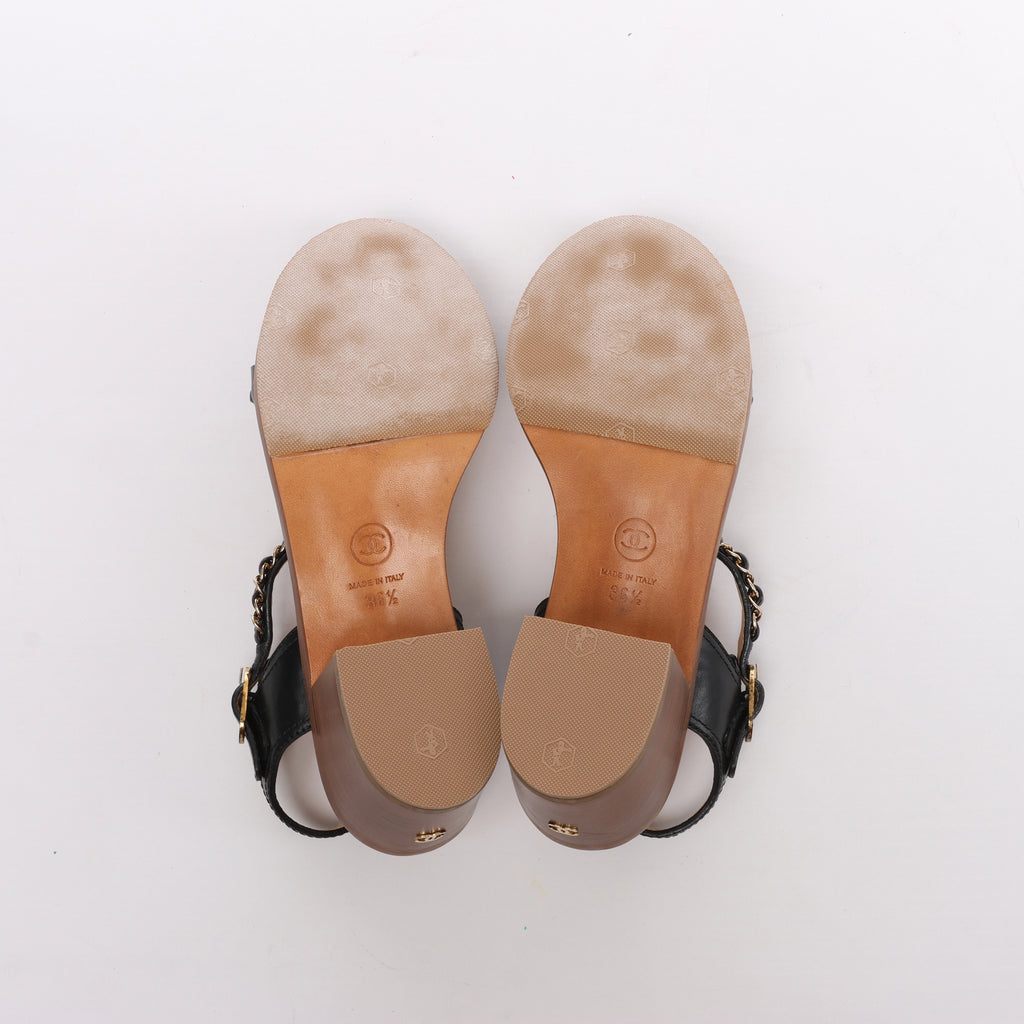 Chanel Coco Mark Leather Sandals Chain Strap in Brown x Black, Size EU 36.5