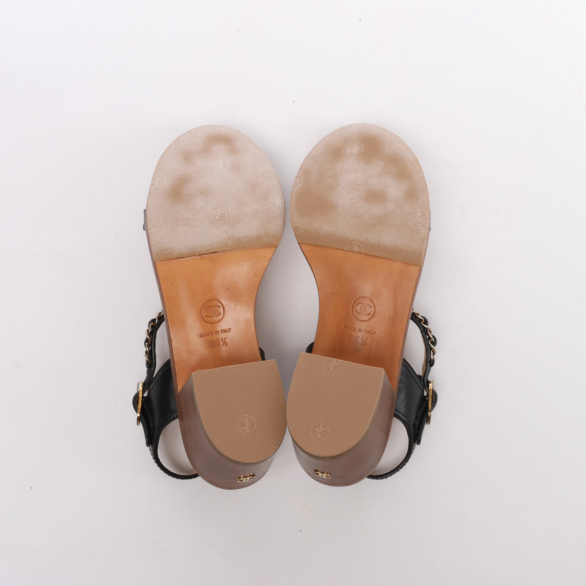 Chanel Coco Mark Leather Sandals Chain Strap in Brown x Black, Size EU 36.5