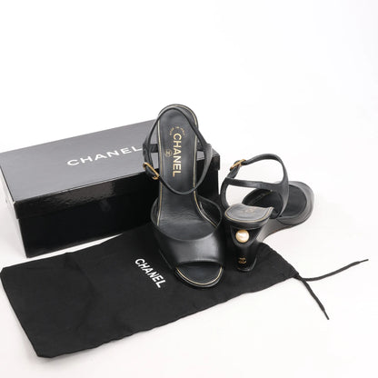 CHANEL Coco Mark Leather Sandals in Black, Size 38 EU