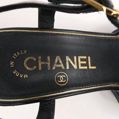 CHANEL Coco Mark Leather Sandals in Black, Size 38 EU
