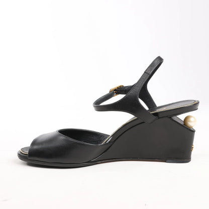 CHANEL Coco Mark Leather Sandals in Black, Size 38 EU