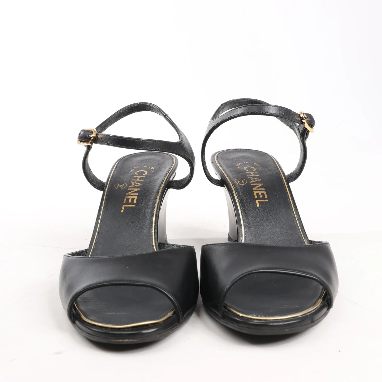 CHANEL Coco Mark Leather Sandals in Black, Size 38 EU