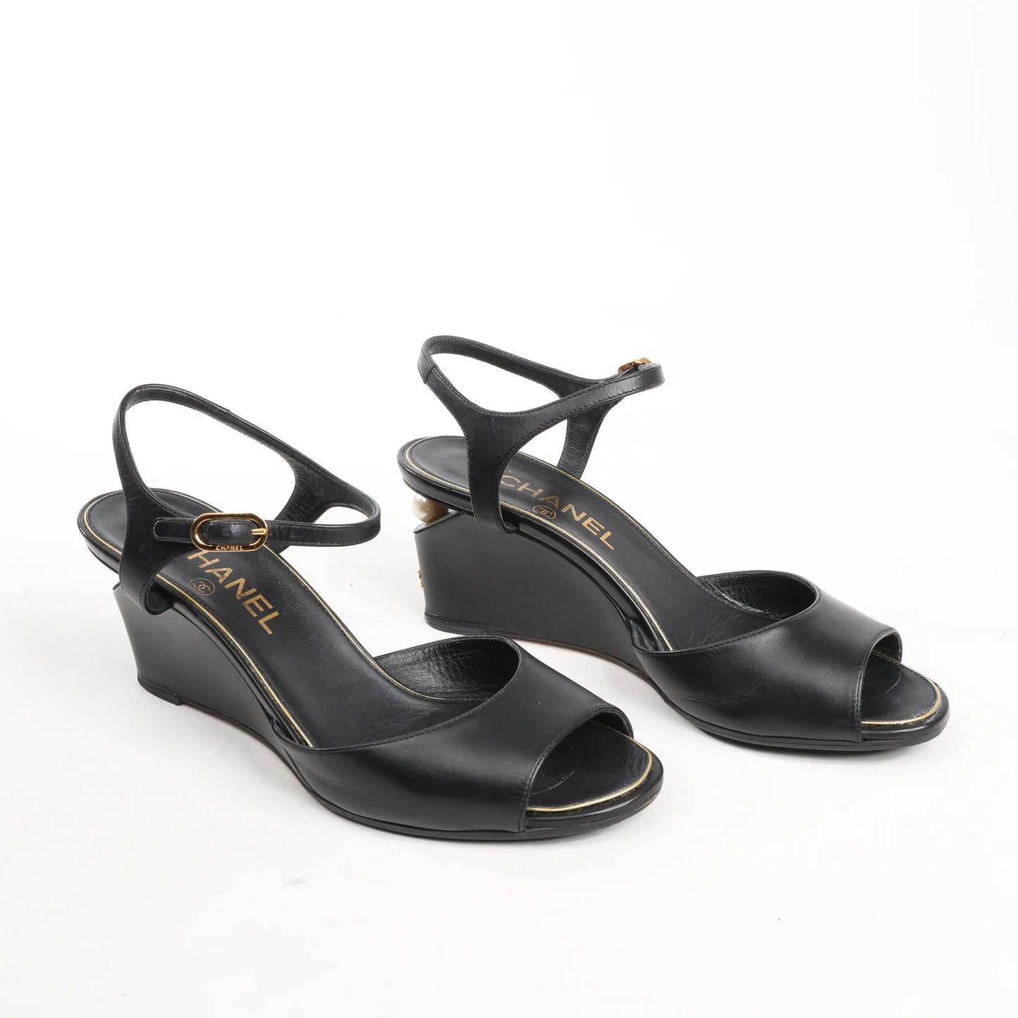 CHANEL Coco Mark Leather Sandals in Black, Size 38 EU