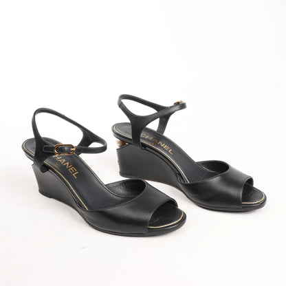 CHANEL Coco Mark Leather Sandals in Black, Size 38 EU
