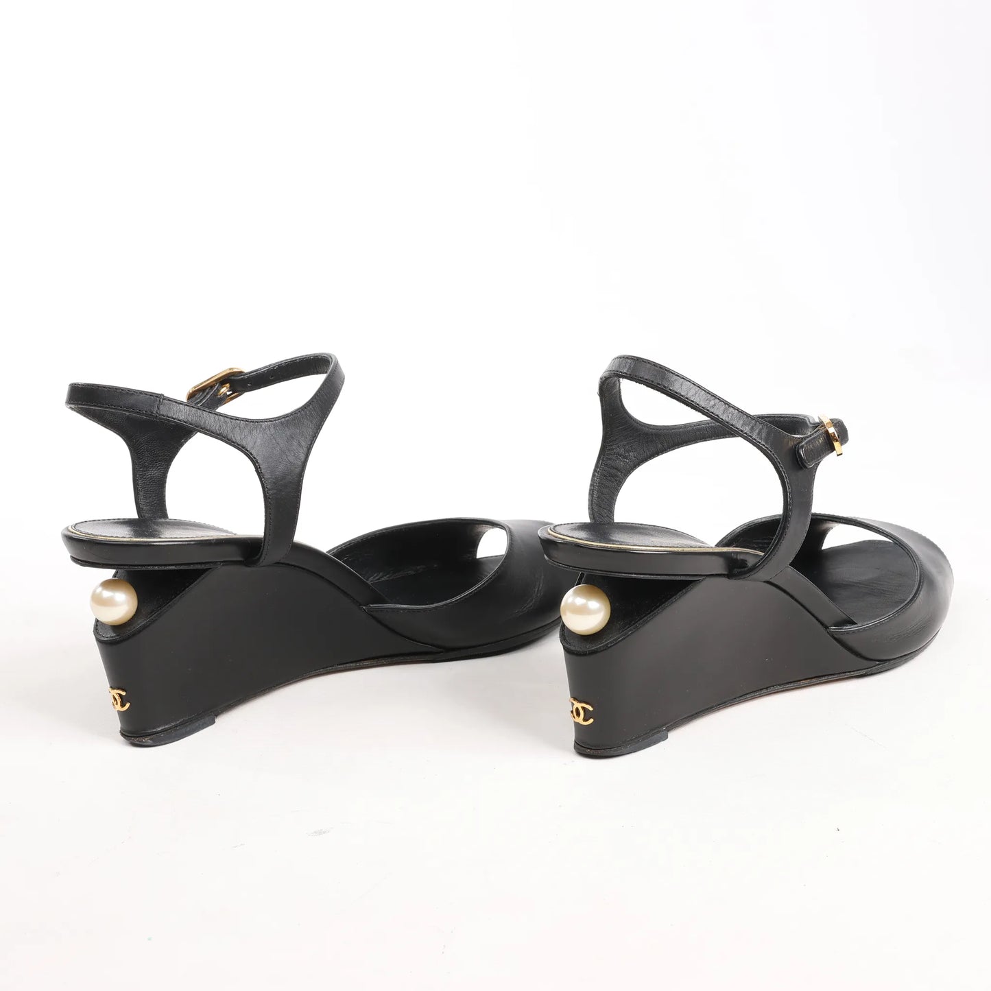 CHANEL Coco Mark Leather Sandals in Black, Size 38 EU