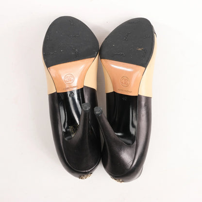 Chanel Coco Mark Leather Heels Beige x Black G26228, Size 40 EU