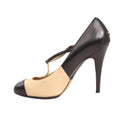 Chanel Coco Mark G26228 leather heels in beige and black with T-strap and high heel, featuring gold logo detail at the back, size 40 EU.