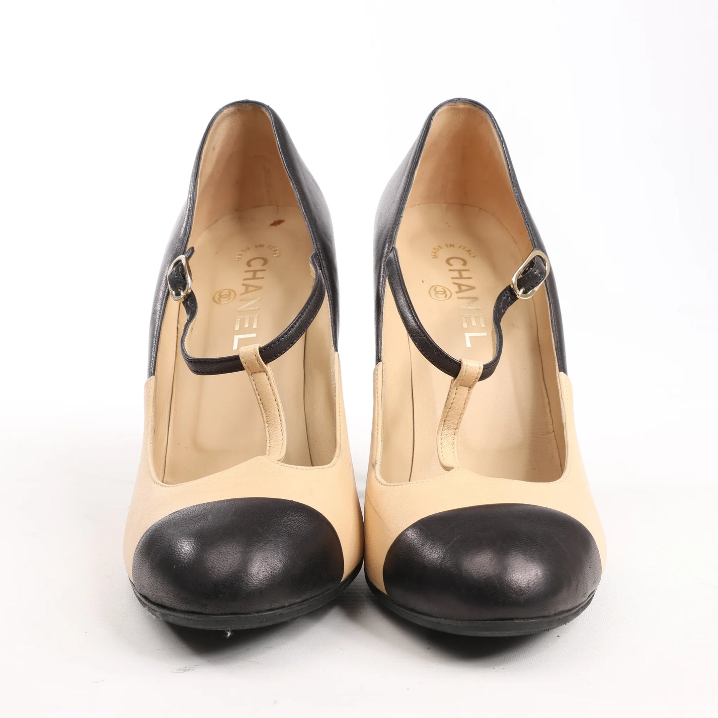 Chanel Coco Mark Leather Heels Beige x Black G26228, Size 40 EU