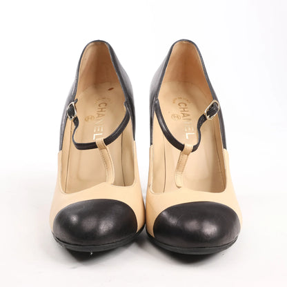 Chanel Coco Mark Leather Heels Beige x Black G26228, Size 40 EU