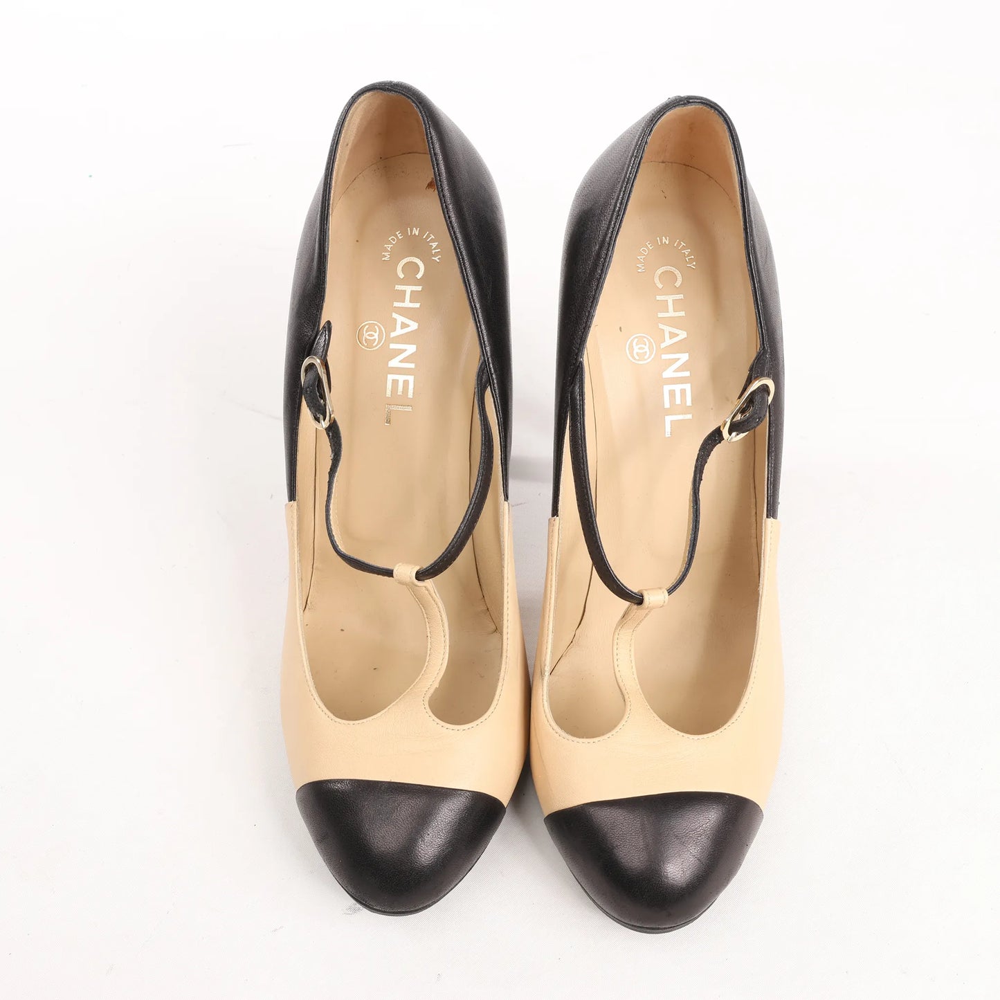 Chanel Coco Mark Leather Heels Beige x Black G26228, Size 40 EU