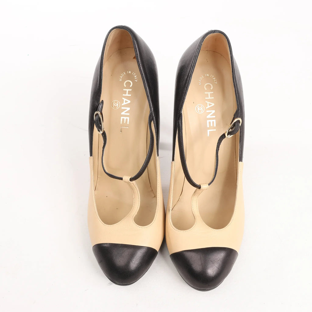 Chanel Coco Mark Leather Heels Beige x Black G26228, Size 40 EU