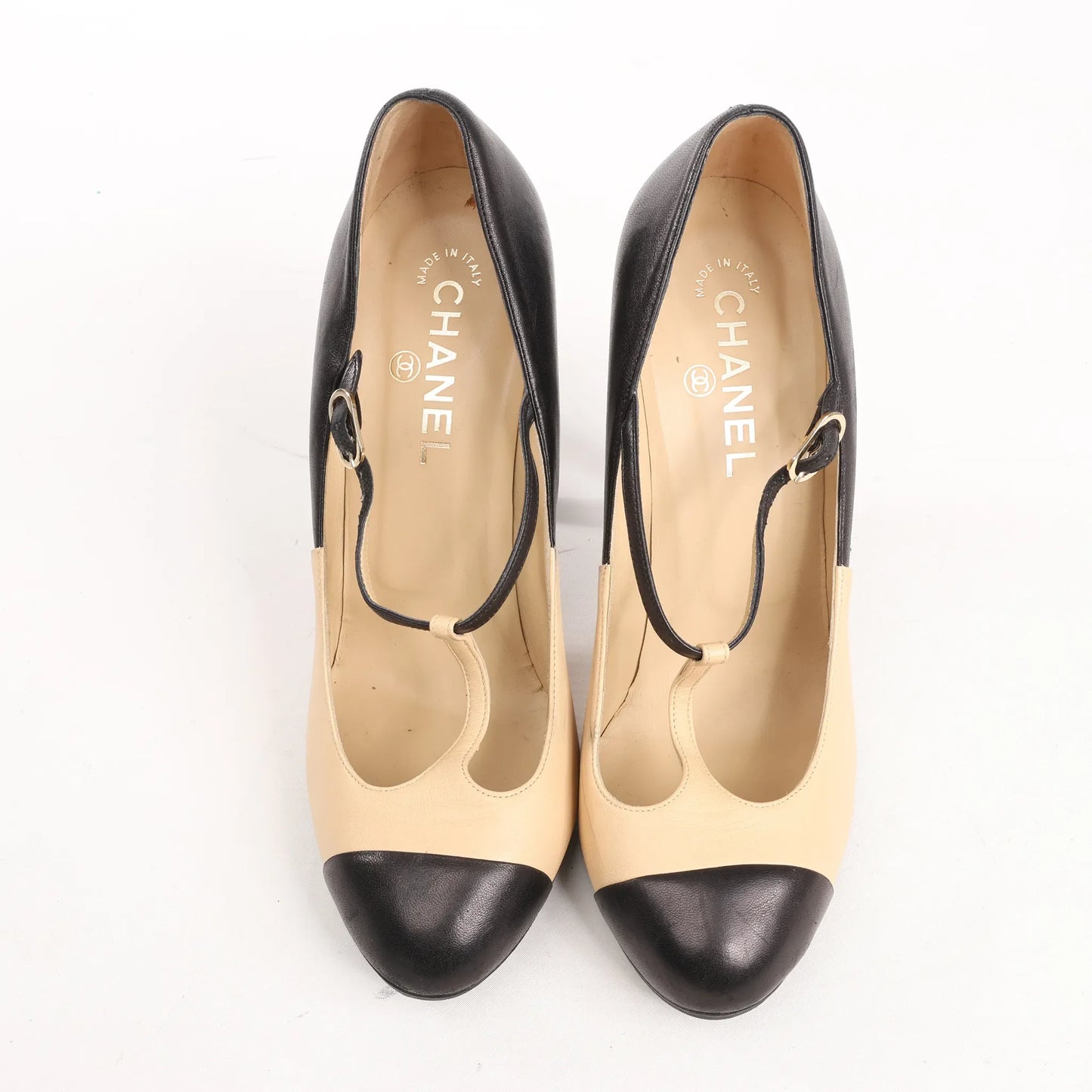 Chanel Coco Mark Leather Heels Beige x Black G26228, Size 40 EU