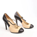 Chanel Coco Mark Leather Heels Beige x Black G26228, Size 40 EU