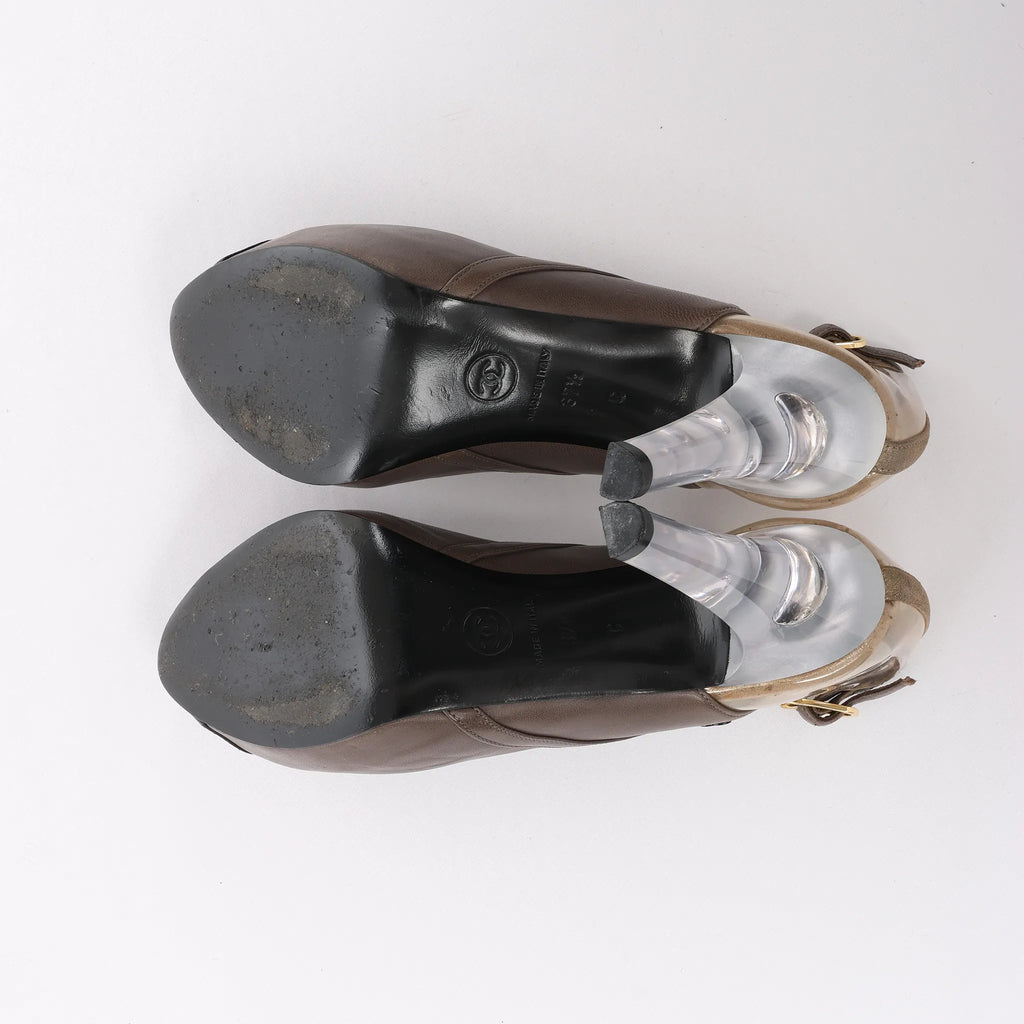 Chanel Coco Mark Leather Strap Heels in Gray G27647, Size 37.5 EU