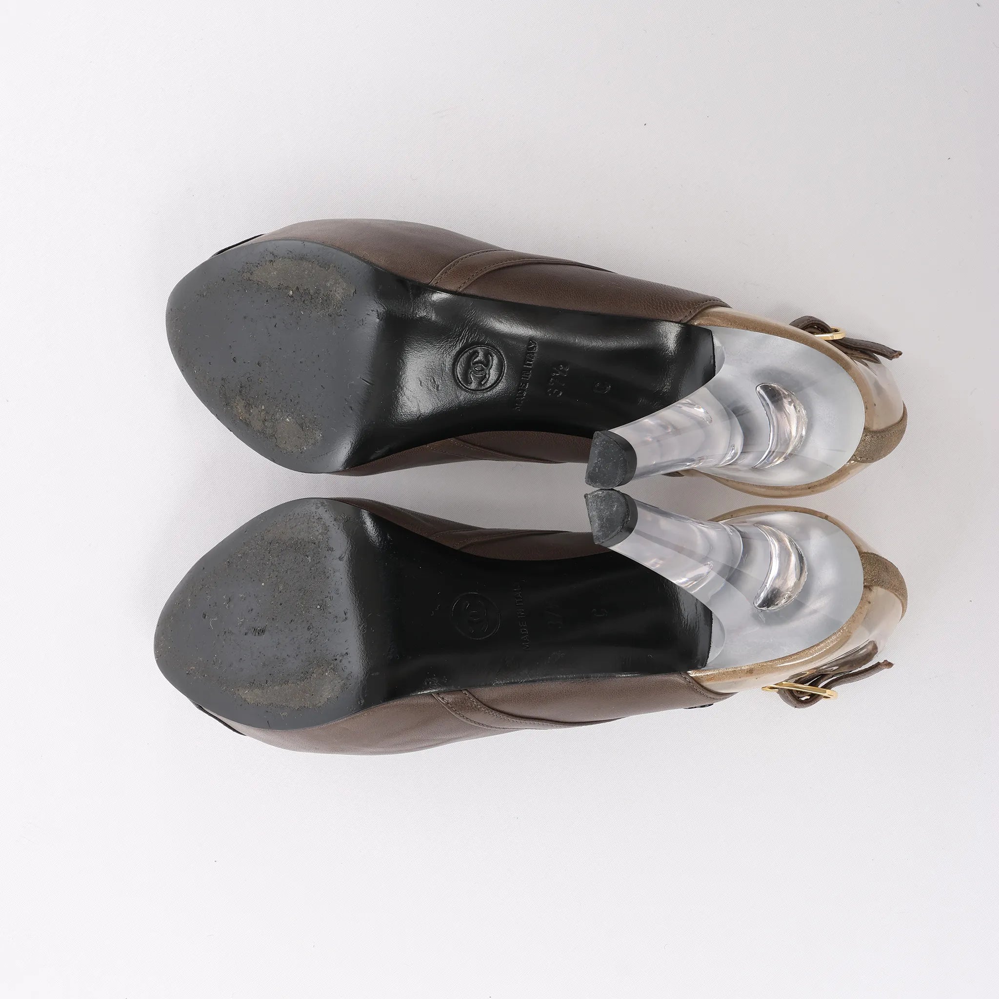 Chanel Coco Mark Leather Strap Heels in Gray G27647, Size 37.5 EU