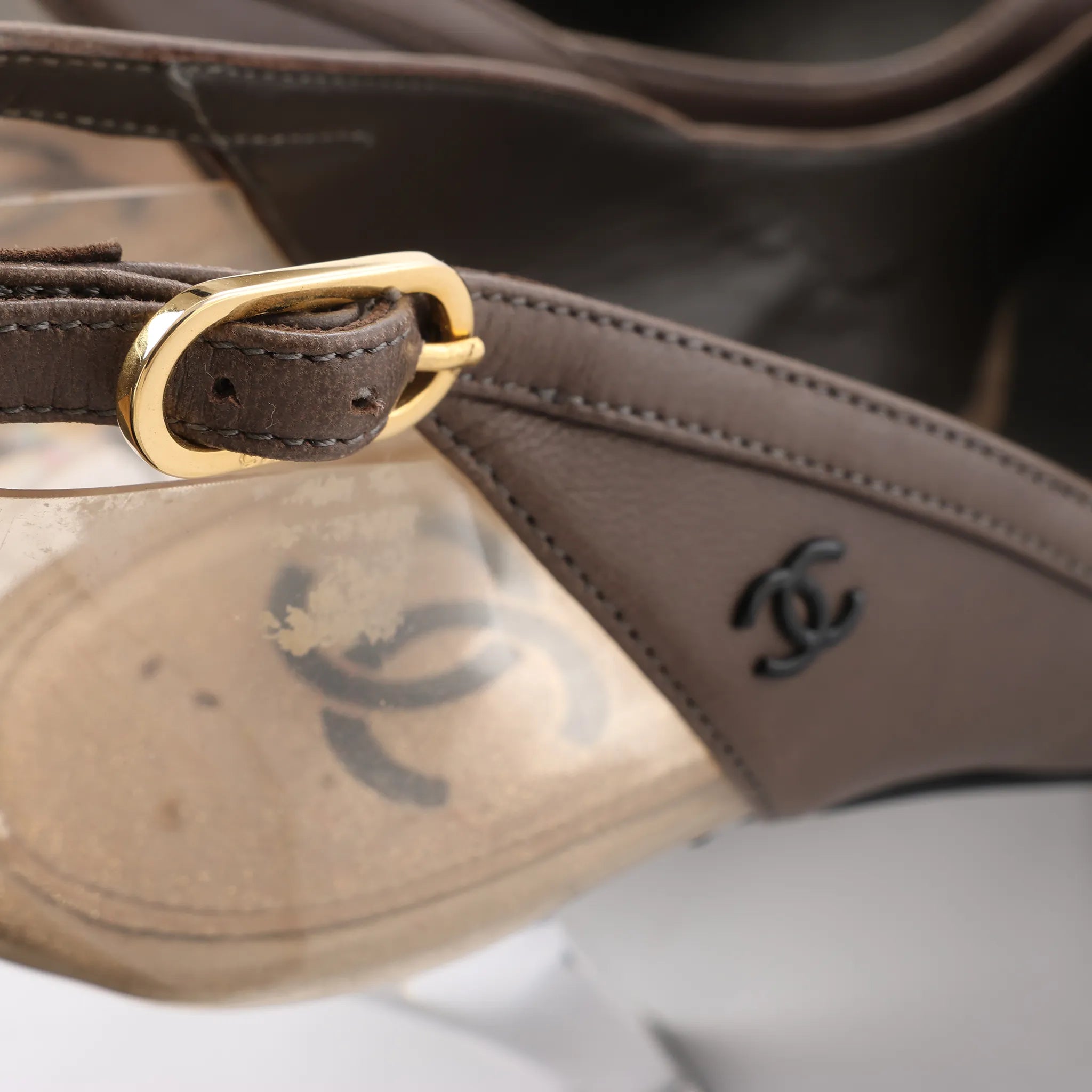 Chanel Coco Mark Leather Strap Heels in Gray G27647, Size 37.5 EU