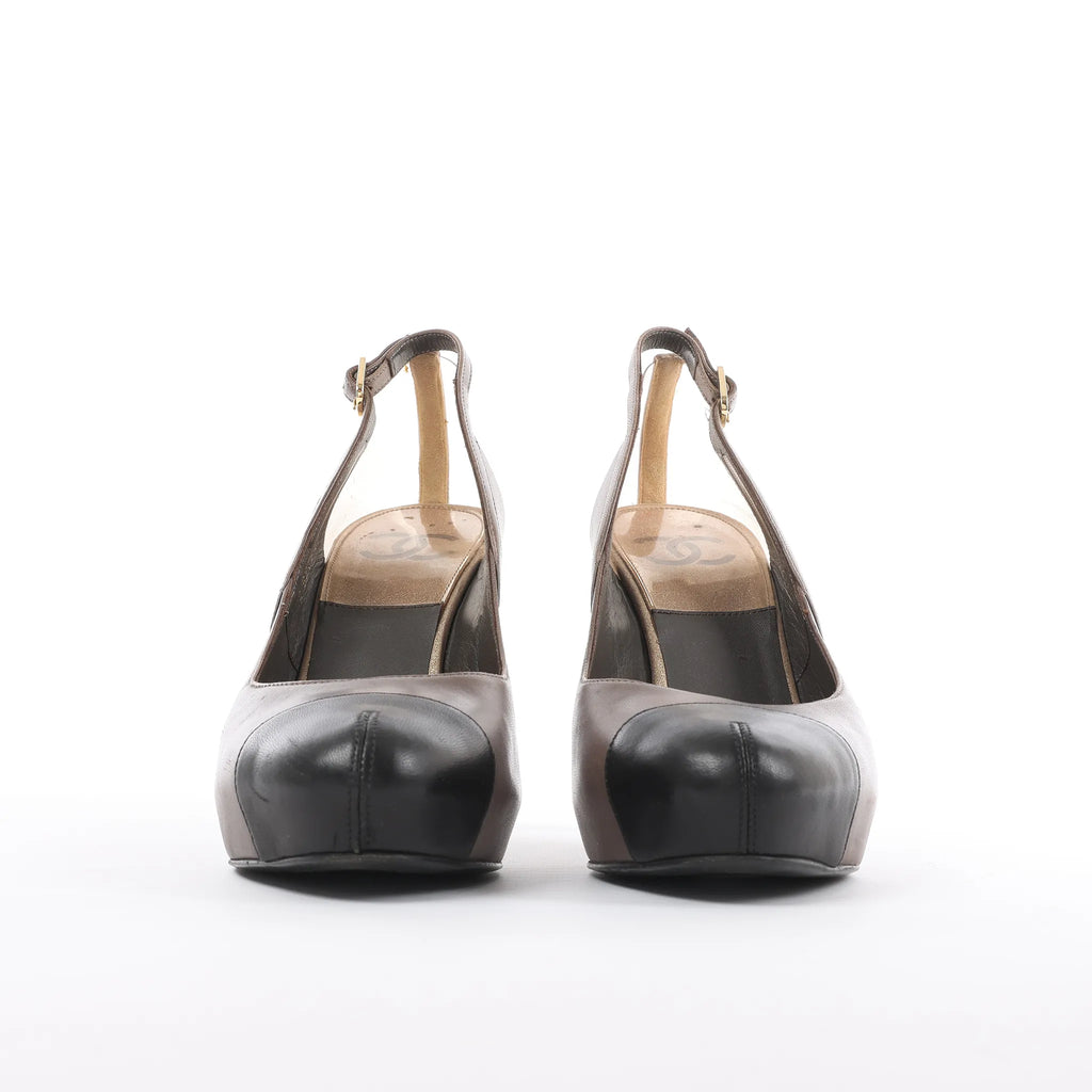 Chanel Coco Mark Leather Strap Heels in Gray G27647, Size 37.5 EU