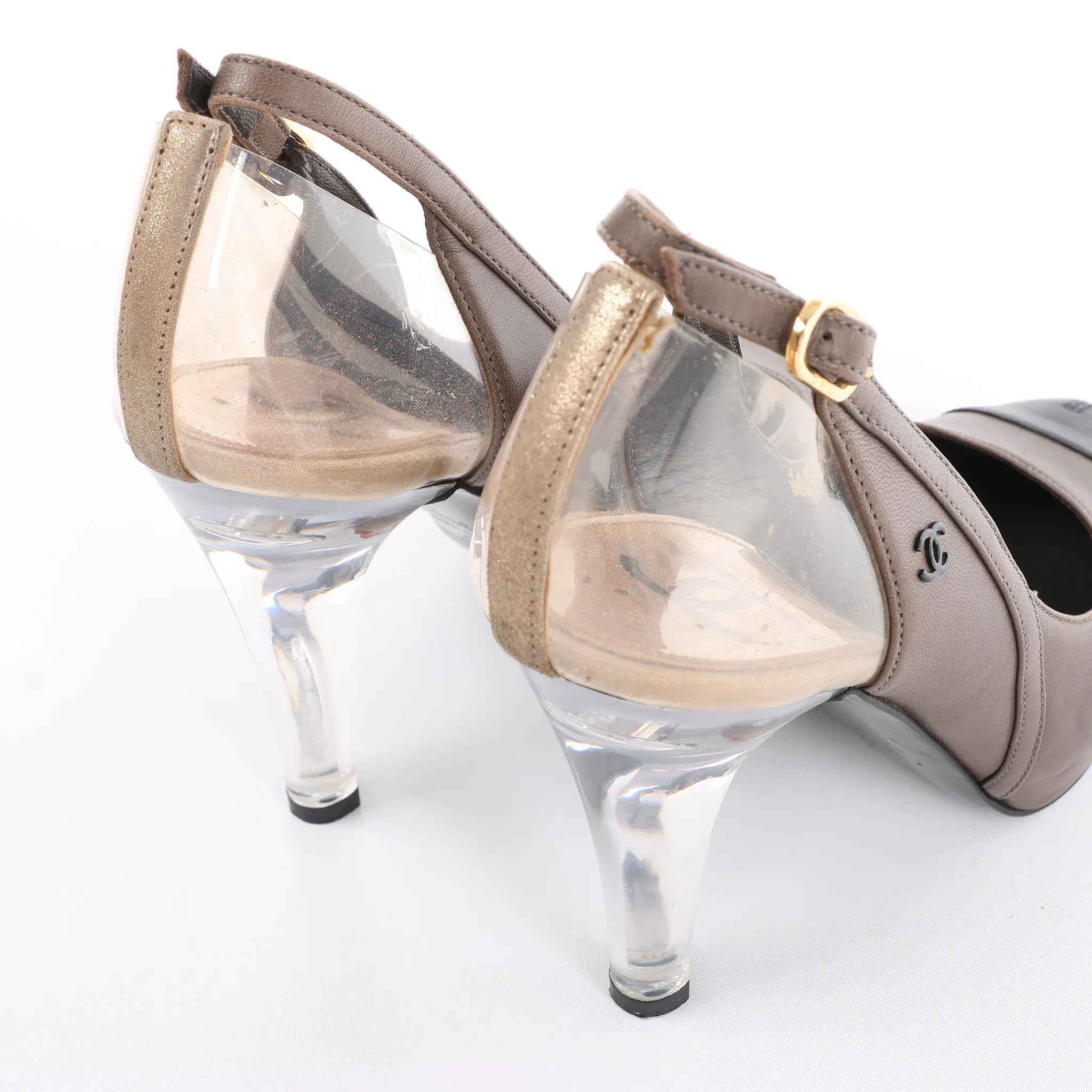 Chanel Coco Mark Leather Strap Heels in Gray G27647, Size 37.5 EU