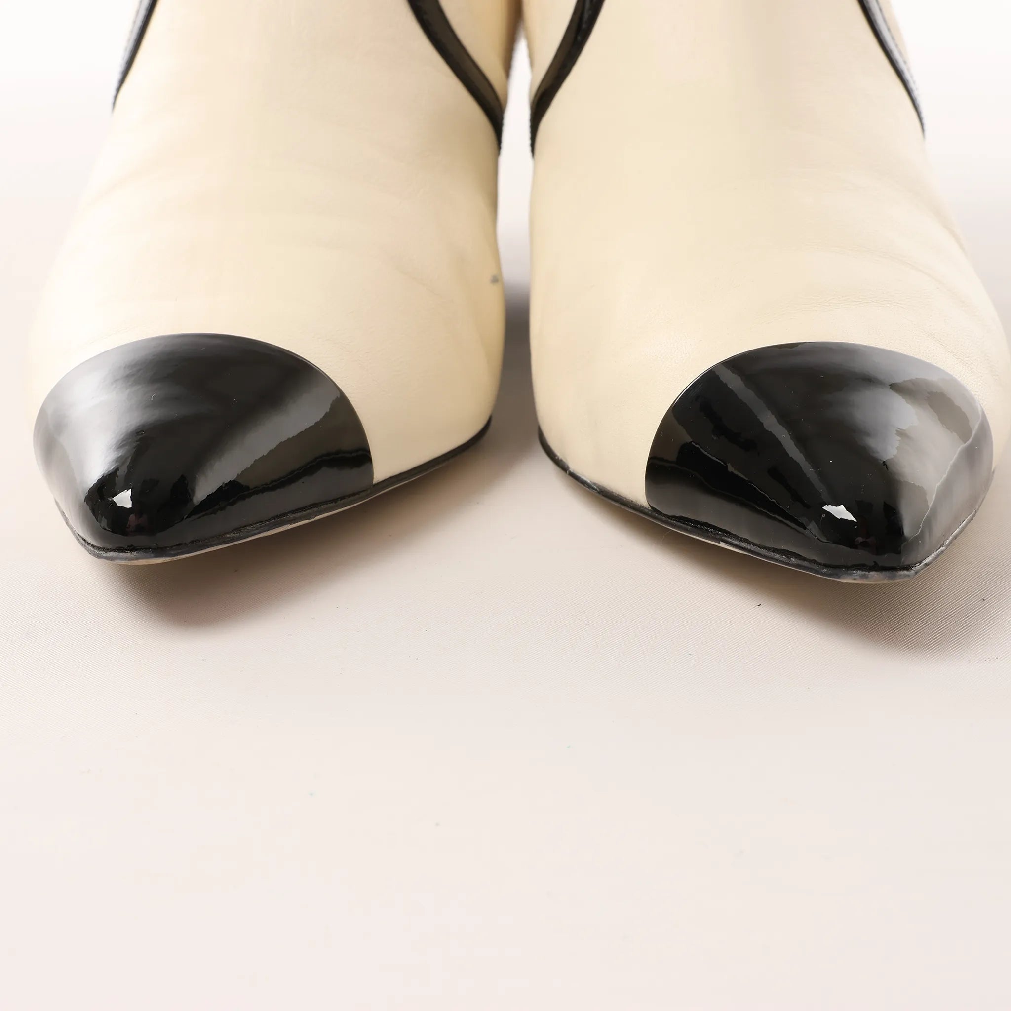 Chanel Coco Mark Leather & Patent Ankle Boots in Ivory x Black G38847, Size 37C EU