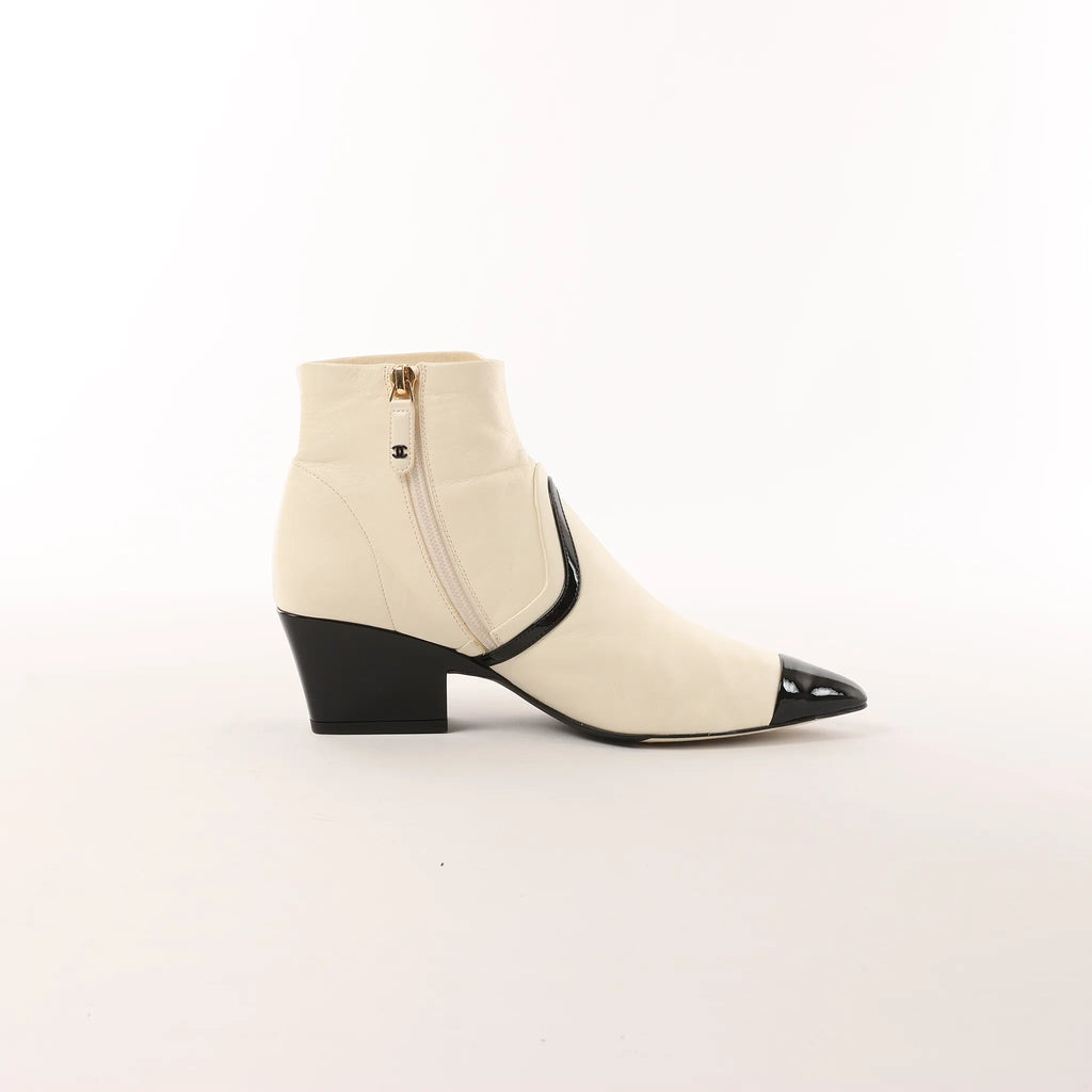 Chanel Coco Mark Leather & Patent Ankle Boots in Ivory x Black G38847, Size 37C EU
