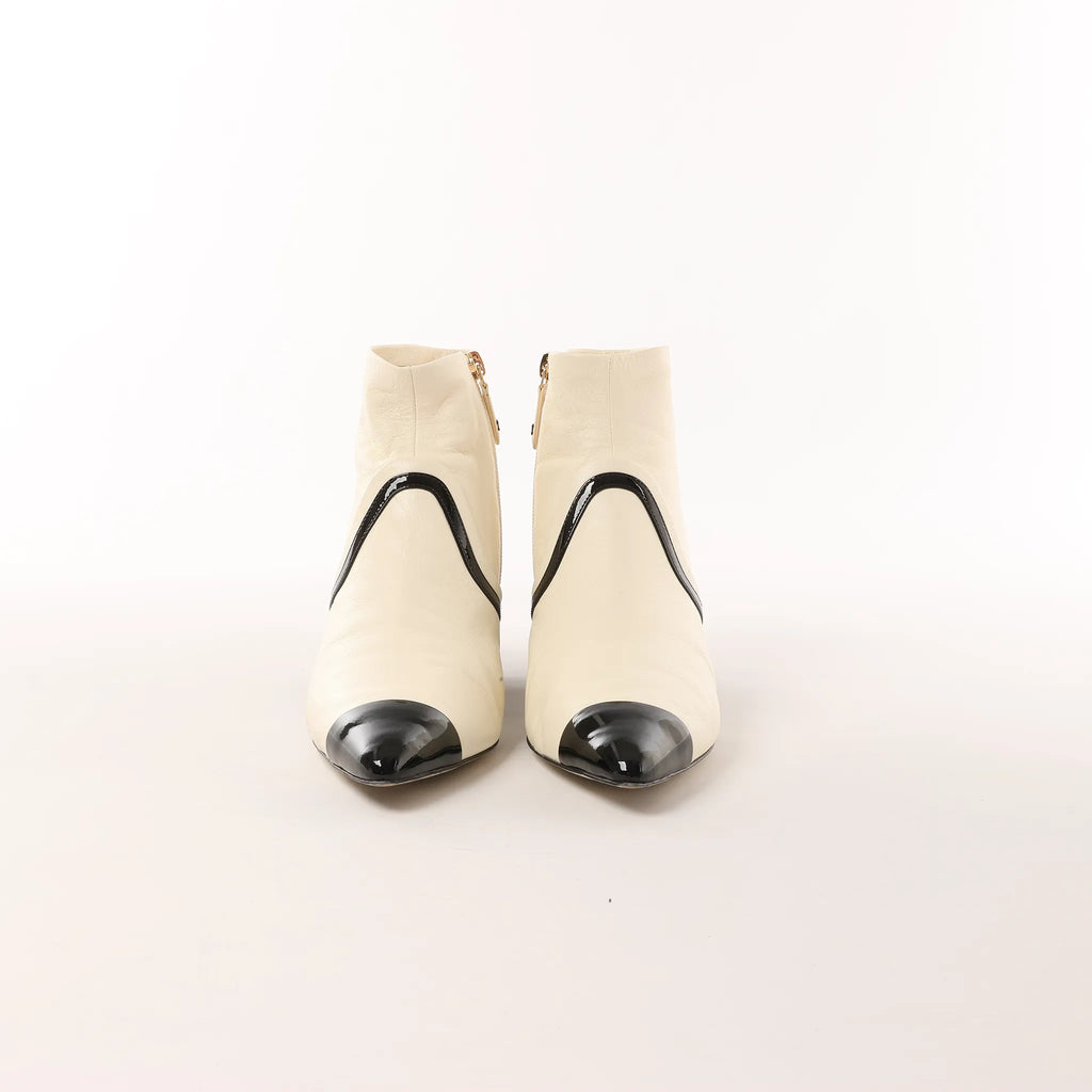 Chanel Coco Mark Leather & Patent Ankle Boots in Ivory x Black G38847, Size 37C EU