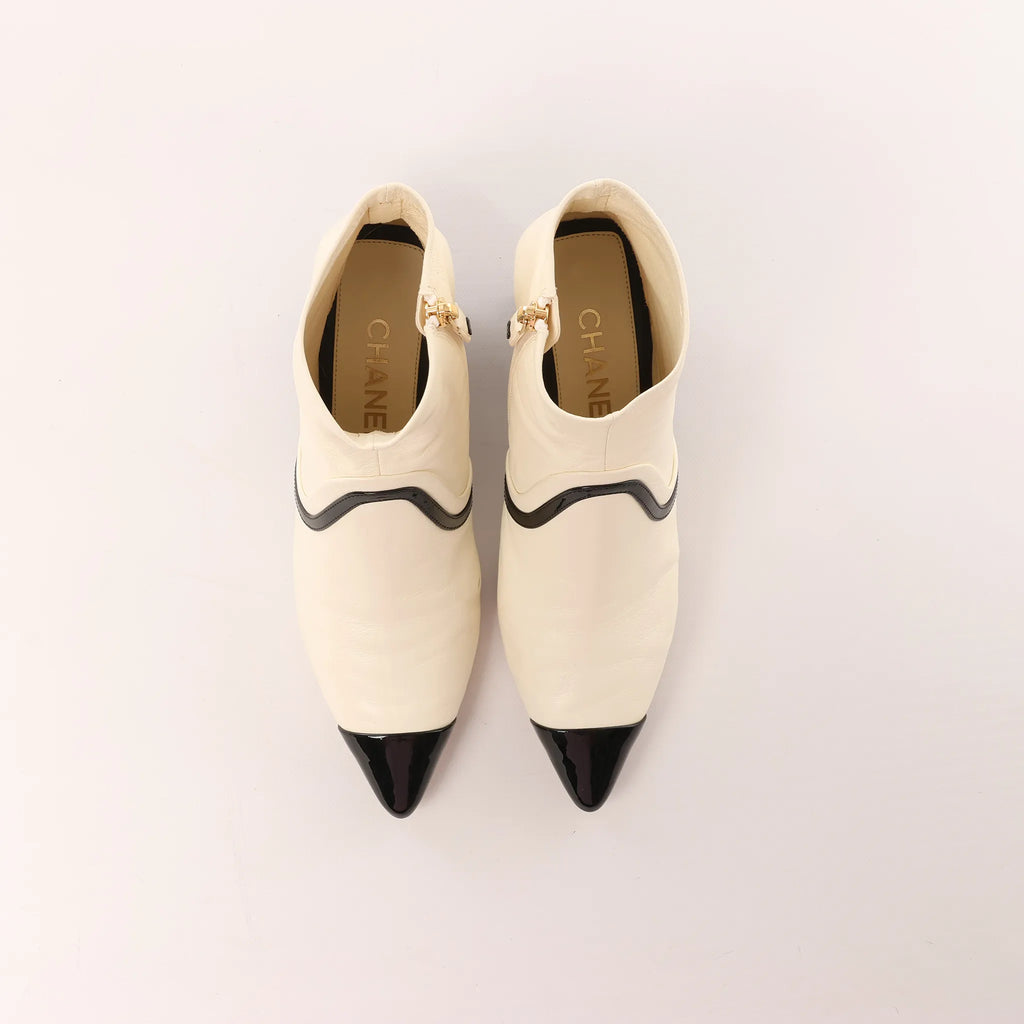 Chanel Coco Mark Leather & Patent Ankle Boots in Ivory x Black G38847, Size 37C EU