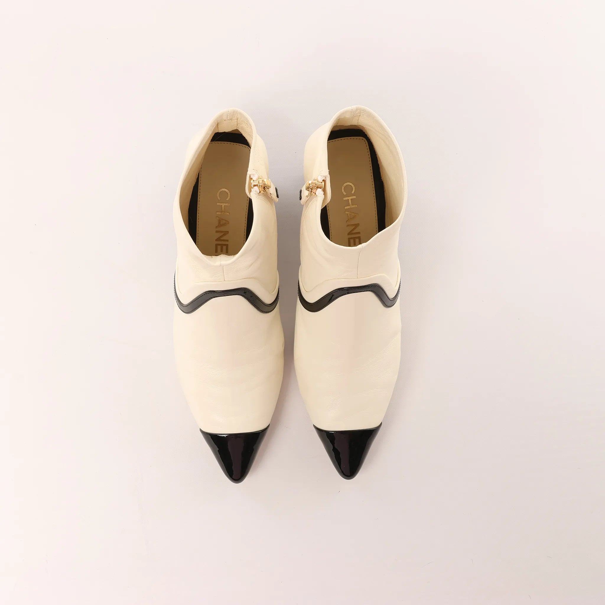 Chanel Coco Mark Leather & Patent Ankle Boots in Ivory x Black G38847, Size 37C EU