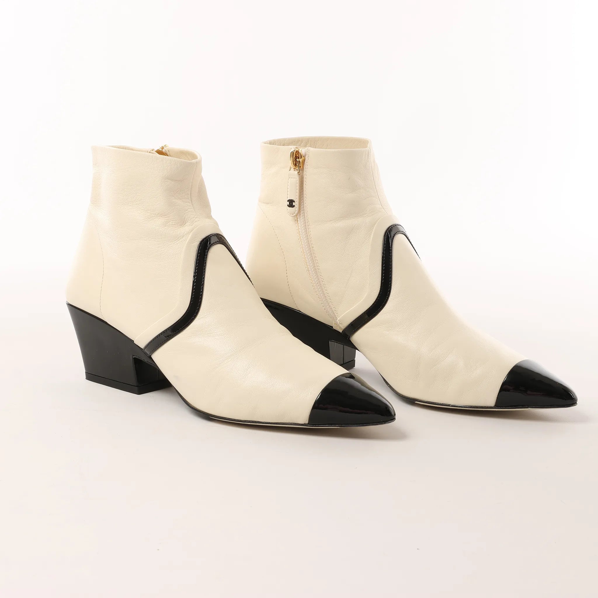 Chanel Coco Mark Leather & Patent Ankle Boots in Ivory x Black G38847, Size 37C EU