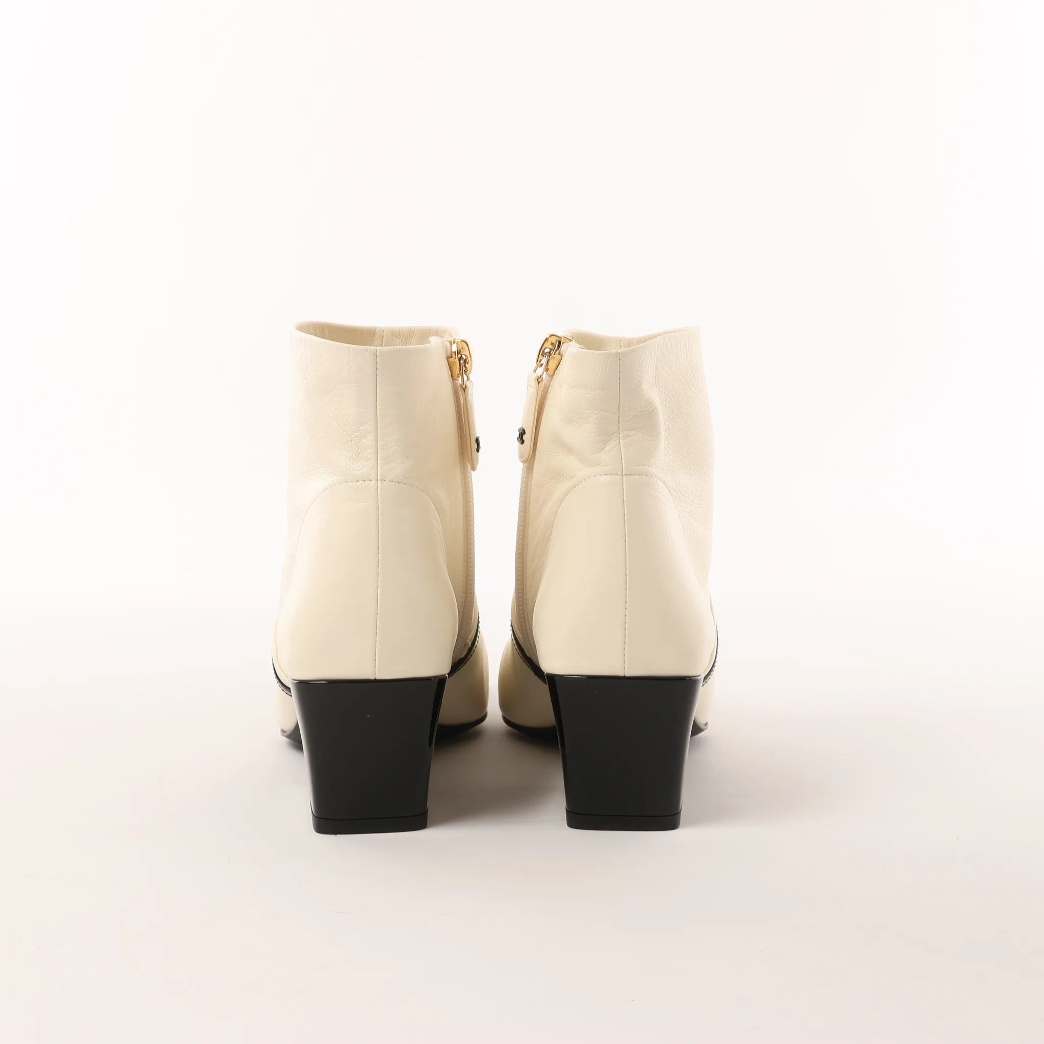 Chanel Coco Mark Leather & Patent Ankle Boots in Ivory x Black G38847, Size 37C EU
