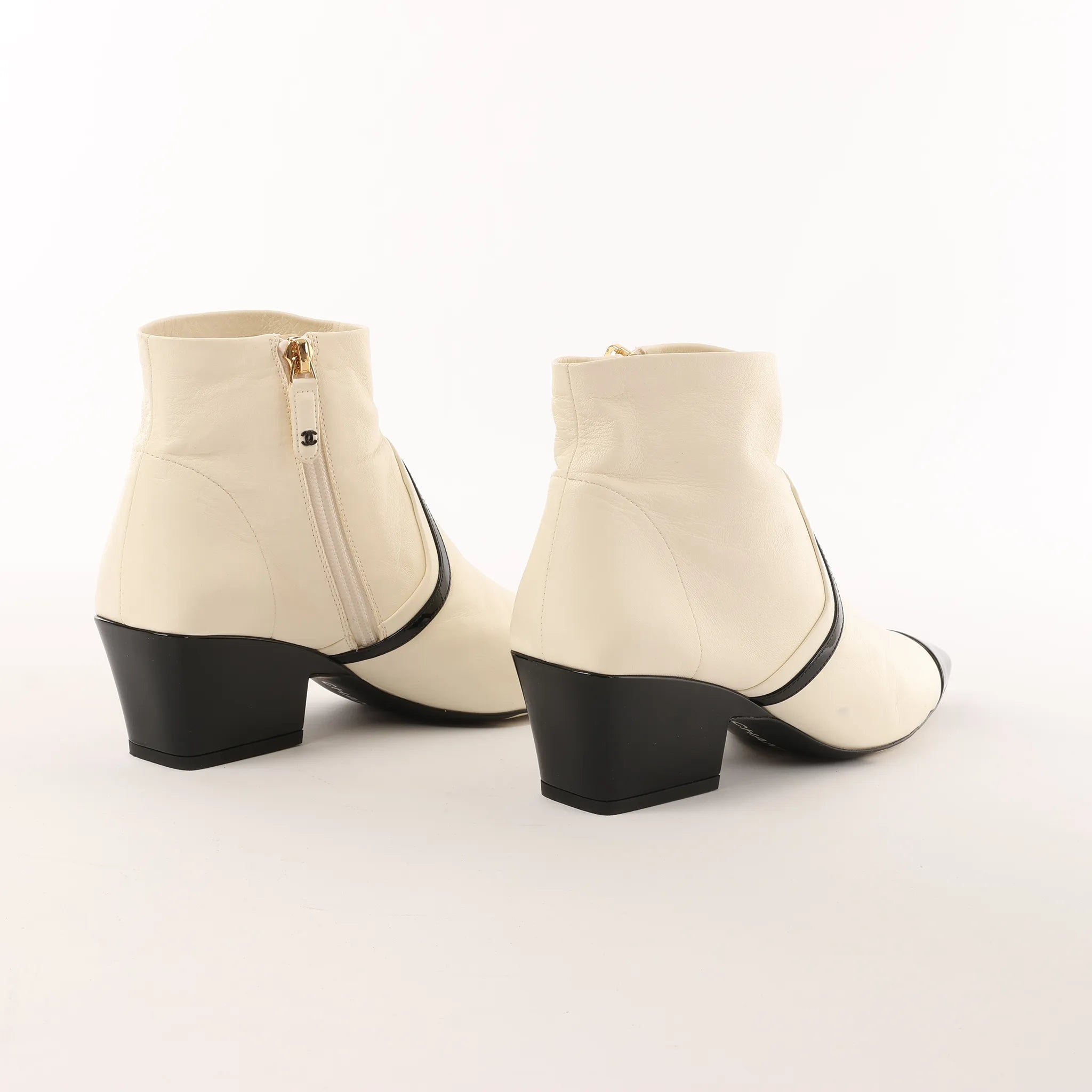 Chanel Coco Mark Leather & Patent Ankle Boots in Ivory x Black G38847, Size 37C EU