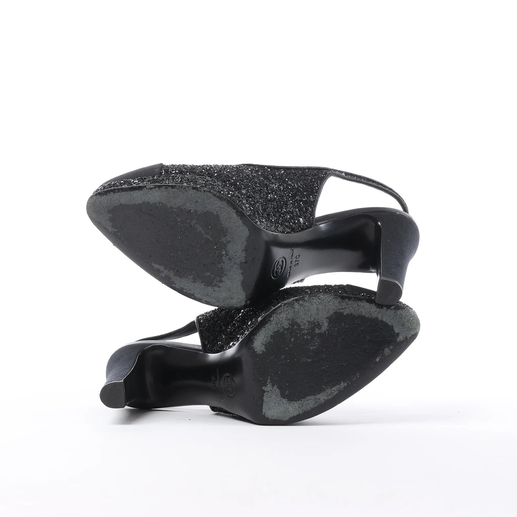Chanel Coco Mark Leather x Glitter Heels in Black G37586, Size EU 37 C