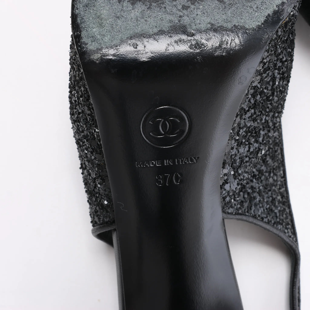 Chanel Coco Mark Leather x Glitter Heels in Black G37586, Size EU 37 C