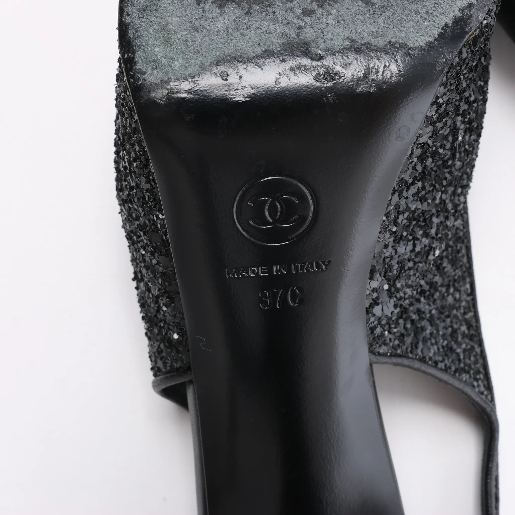 Chanel Coco Mark Leather x Glitter Heels in Black G37586, Size EU 37 C