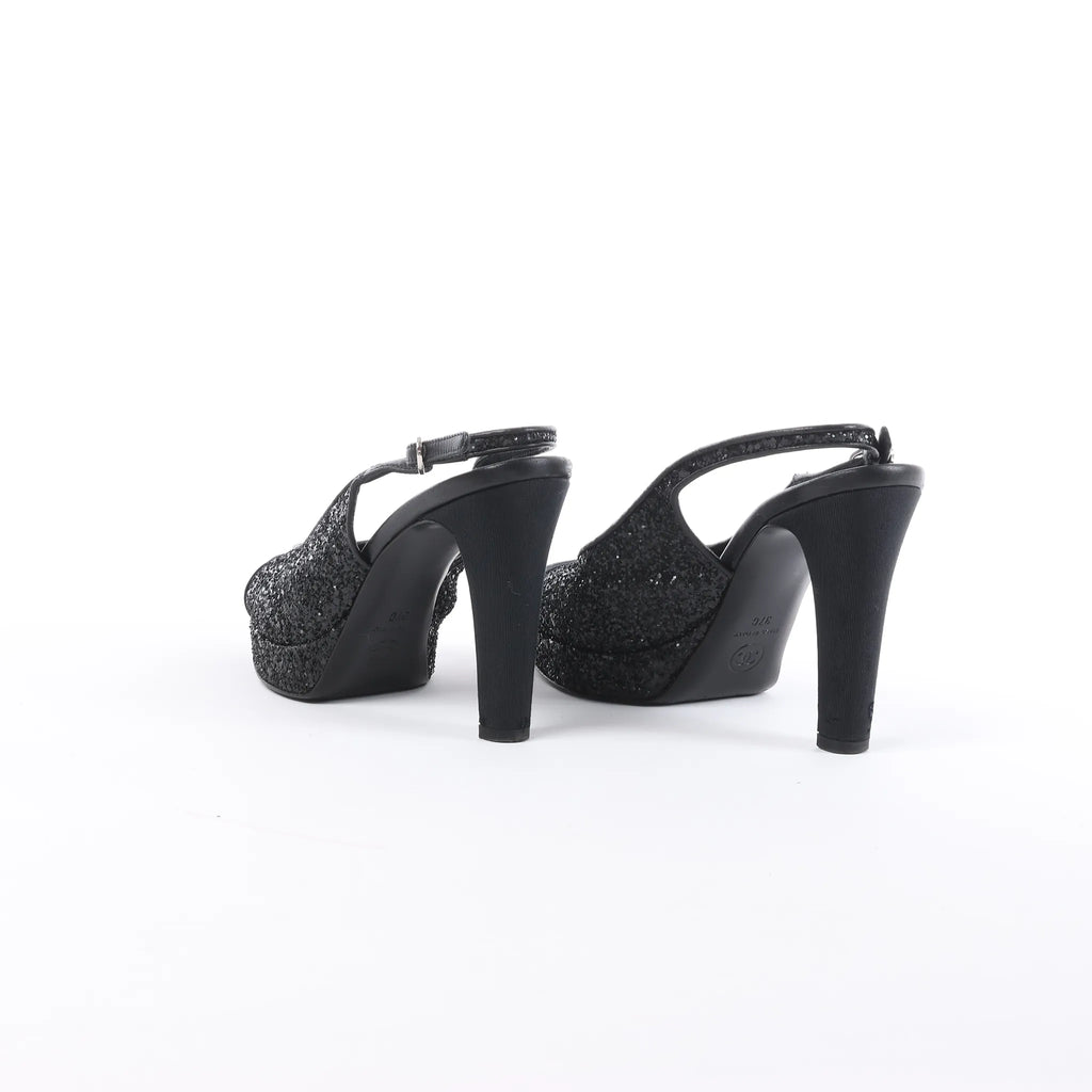 Chanel Coco Mark Leather x Glitter Heels in Black G37586, Size EU 37 C
