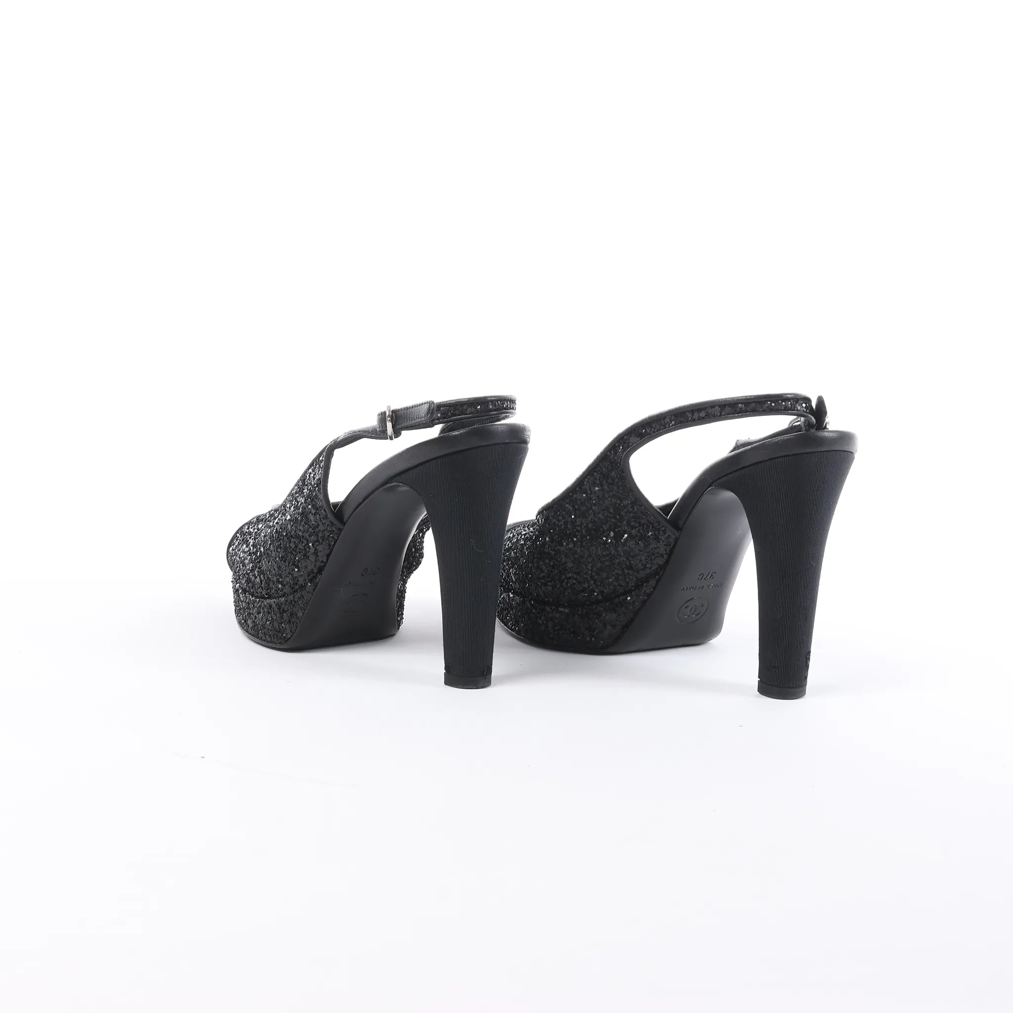 Chanel Coco Mark Leather x Glitter Heels in Black G37586, Size EU 37 C
