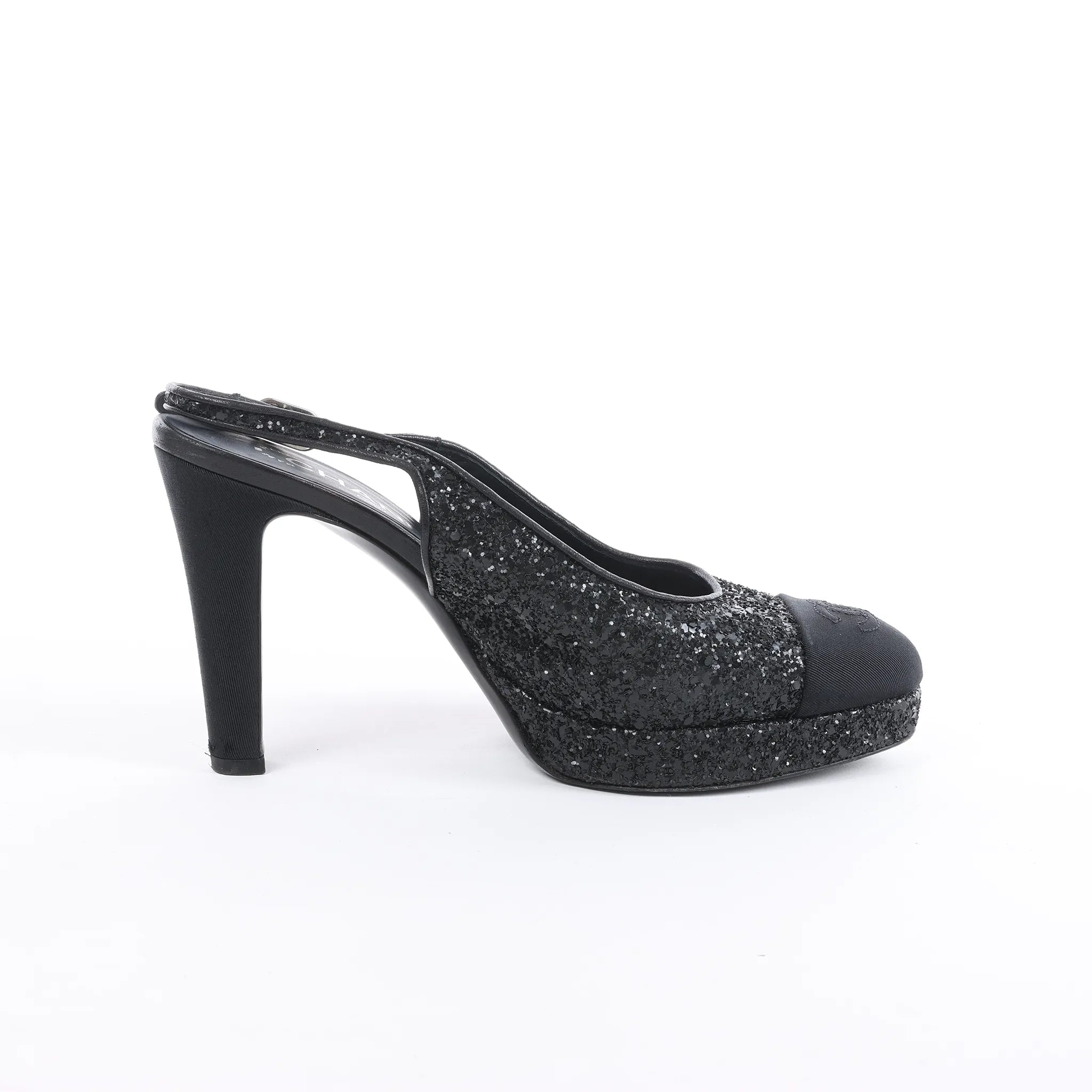 Chanel Coco Mark Leather x Glitter Heels in Black G37586, Size EU 37 C